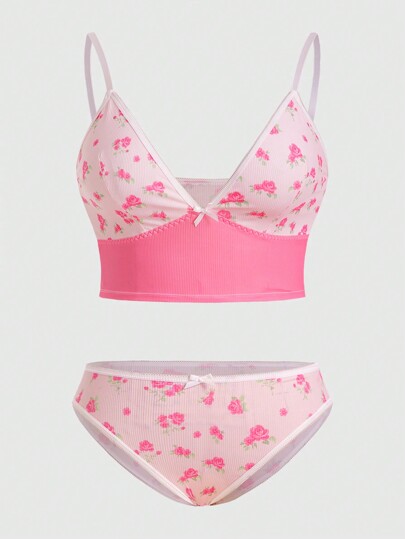 Kawaii Women'S Plus Size Rose Printed Lingerie Set With Patchwork