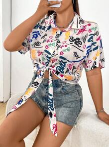 Flirla 大尺碼女款塗鴉印花短袖短款襯衫 - 彩色 - 查看 7