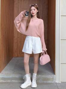 DAZY 純色寬鬆彈性長袖短版毛衣 - 粉色 - 查看 8