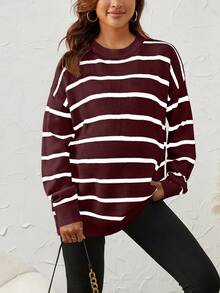 SHEIN Thai sản Sọc Thả vai Tay áo dài Áo len - Màu Đỏ Sâu - Xem 4