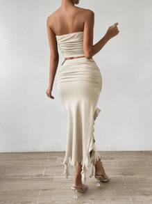 Chiquease Nút ven Áo không dây Với Phân cấp Cái nĩa cao Bộ váy - Màu be - Xem 2