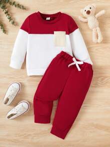 Conjunto De Sudadera Con Cuello Redondo Y Pantalón De Bloques De Color Para Bebé Niño - Burdeos - Ver 1