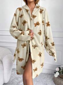 RueChic Women's Hooded Belted Home Wear Robe With Teddy Bear Print - Multicolor - View 4