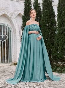 Faeriesty Dressalisa Maternity Ruffled Off Shoulder Long Evening Gown - Teal Blue - View 6