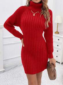 SHEIN Privé Casual Ladies' Ribbed Knit High Neck Sweater Dress - Red - View 6