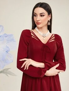 Modelyn Vestido de color rojo Burdeos de un solo color con diseño calado y cordones para damas - Burdeos - Ver 3
