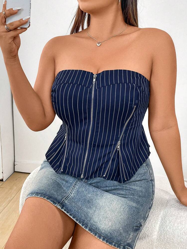 Plus Size Striped Zipper Up Bandeau Top