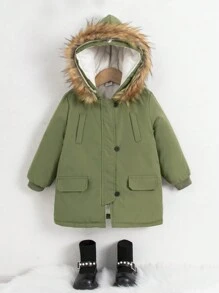 SHEIN Little Girls' Casual Style Fuzzy Hooded Long Sleeve Quilted Lining Jacket - Army Green - View 5