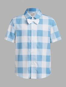 少年格子襯衫配可拆式背帶和長褲，紳士套裝 - 白色 - 查看 7