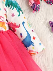 Infant Girls' Cartoon Dinosaur Print Dress With Bow Decoration, Net Overlay And Ruffled Hem - Multicolor - View 4