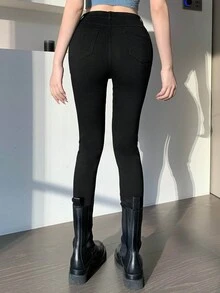 DAZY 女士純色修身細腿牛仔褲 - 黑色 - 查看 4