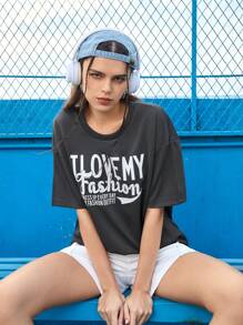 Street Sport Slogan Printed Round Neck Drop Shoulder Sleeve Sports T-Shirt - Black - View 8