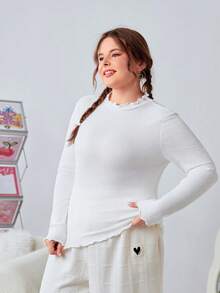 SHEIN EZwear 加大碼純色荷葉邊長袖t恤 - 彩色 - 查看 8