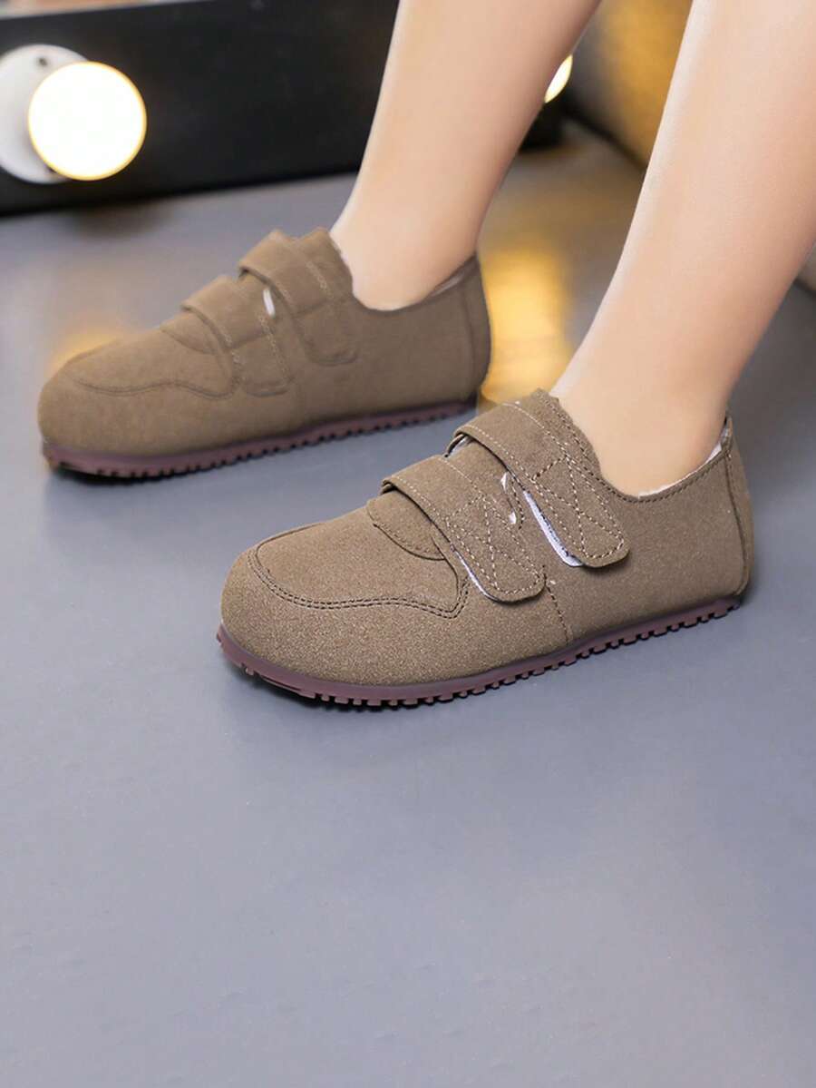 兒童新款毛絨溫暖鞋,雙層設計,適用於春秋季的休閒運動舒適平底鞋 - 卡其色 - 查看 1