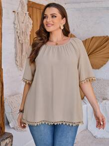 EMERY ROSE Rozmiar Plus Damski Sznurówka Patchwork Rękkaw Raglanowy Bluzki