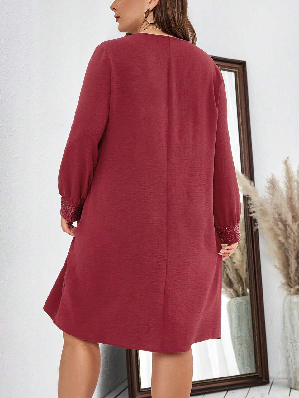 Plus Size Solid Color Sequin Patchwork Dress