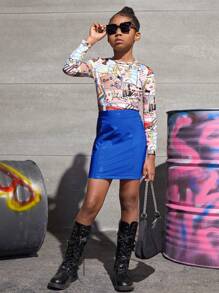 SHEIN Tween Girls' High Waisted Pu Leather Casual A-Line Skirt - Royal Blue - View 4