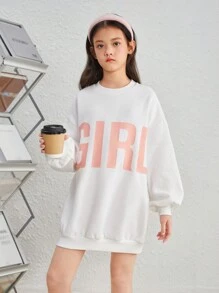 Tween 女孩寬鬆學院風圓領大字母印花衛衣連身裙 - 白色 - 查看 1