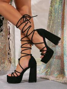 Của phụ nữ Tối giản Chân Buộc Dày Gót chân Dép xăng đan , Đúng mốt Đen Faux Suede Giày cao gót Dày Đáy Dép xăng đan Cho mùa hè - màu đen - Xem 4