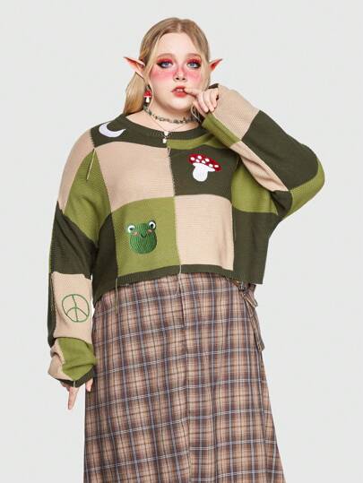 Fairycore Jersey Con Bordado De Setas Y Ranas, Talla Grande