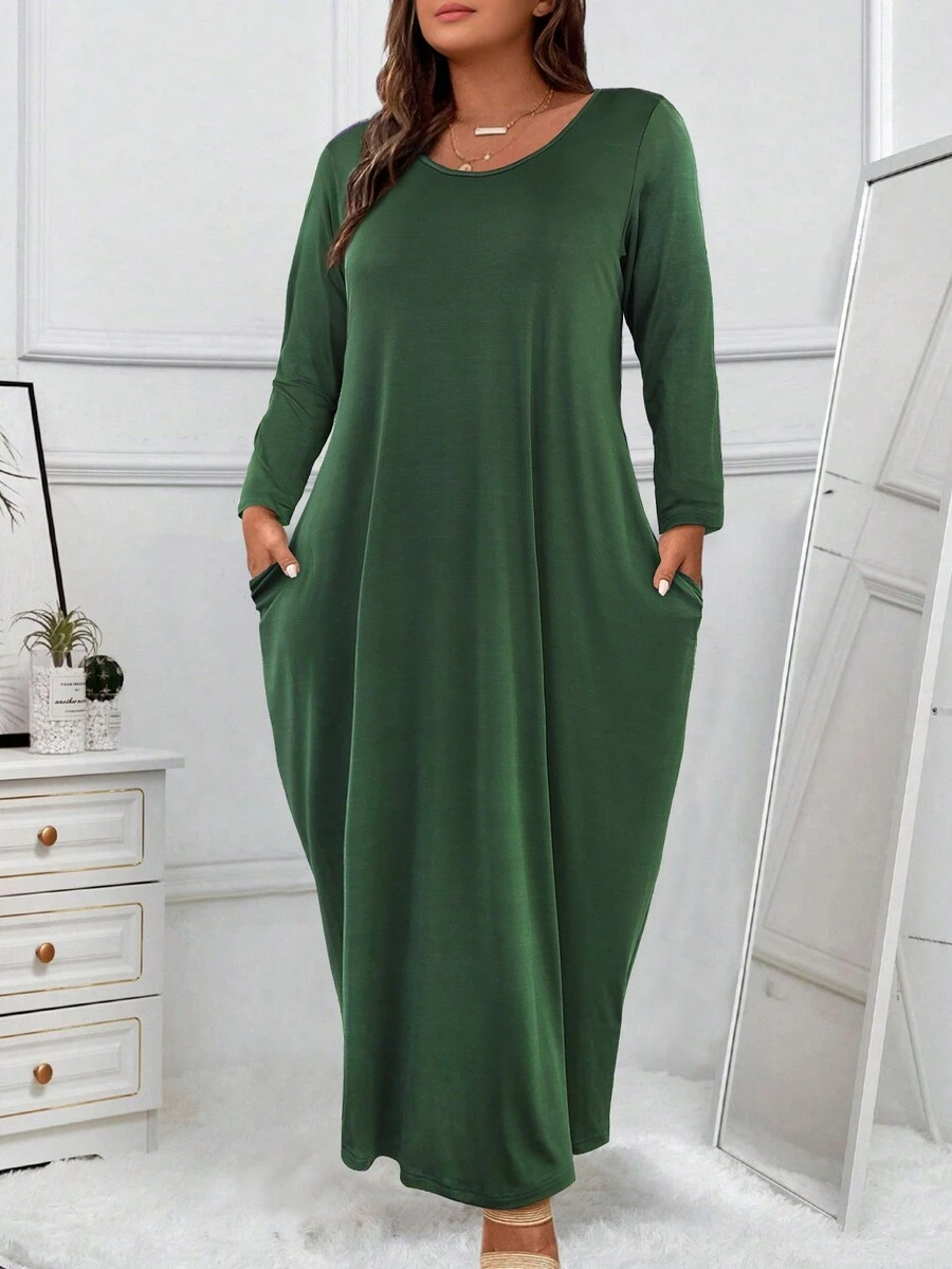 Women's Plus Size Solid Color Cocoon Dress - Dark Green - View 1