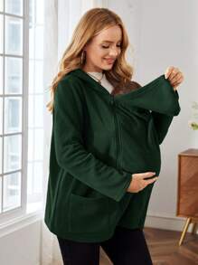 SHEIN 孕婦連帽拉鍊外套,開襟設計配鈕扣裝飾 - 墨綠色 - 查看 1