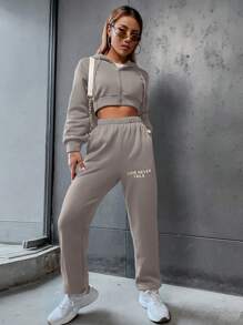 SHEIN EZwear 女士口號印花連帽衫和運動長褲套裝 - 杏色 - 查看 2