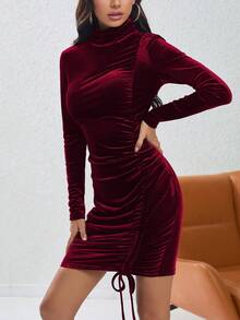 女士立領褶皺絨面洋裝 - 酒紅色 - 查看 6