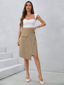 Chiquease Của phụ nữ Túi có nắp Bất đối xứng Nút phía trước Váy chữ A - Màu Khaki - Xem 6