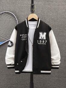 SHEIN Boys' Spring Color Block Letter Print Casual Jacket - Black and White - View 1