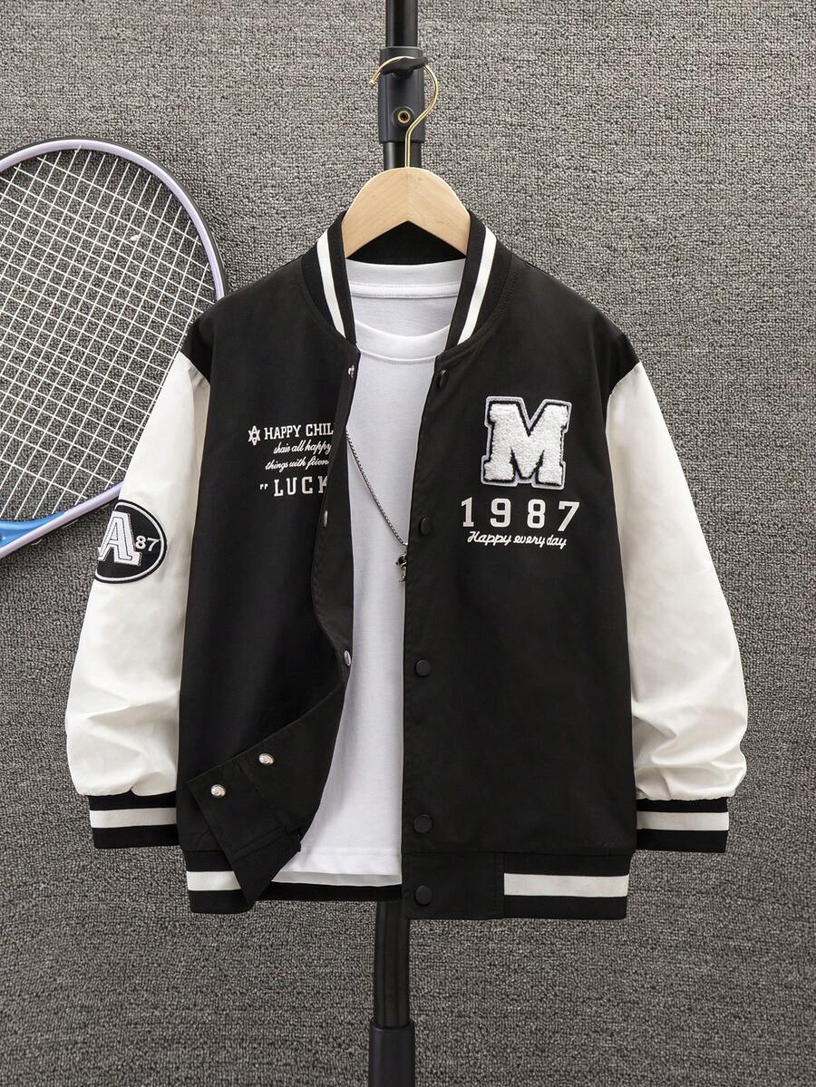SHEIN Boys' Spring Color Block Letter Print Casual Jacket - Black and White - View 1