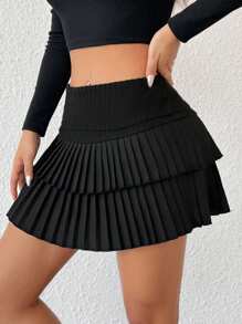 SHEIN EZwear Double Layered Pleated Skirt For Women - Black - View 5
