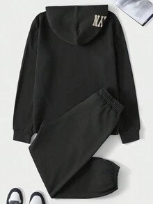 SHEIN Cottnline Men'S Letter Printed Hooded Sweatshirt And Sweatpants Set - الأسود - مشاهدة 2