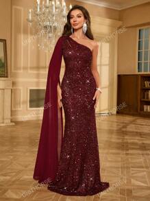 One Shoulder Chiffon Evening Dress With Draped Sleeve And Sequin Detail