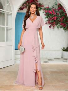 女士 V 领雪纺开衩伴娘服优雅连衣裙、生日女士服装、毕业礼服、正式礼服 - 粉色 - 查看 5