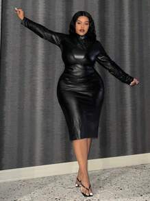 Slaydiva Plus Size Long Sleeve Slim-Fit Pu Leather Dress - Black - View 3