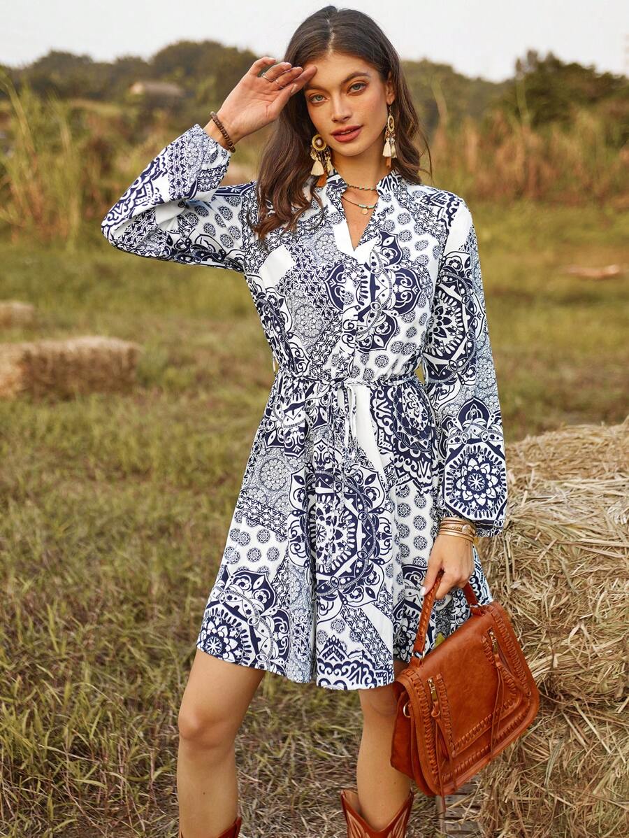 GENKIRA 女款花卉印花燈籠袖束腰帶連身裙 - 彩色 - 查看 1