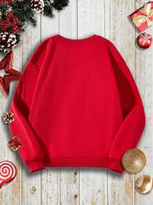 SHEIN LUNE Áo len nữ dài tay cổ tròn in chữ hình ông già Noel - Đỏ - Xem 2