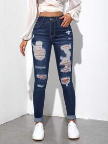 SHEIN Tall 女式破洞緊身牛仔褲 - 深色水洗藍 - 查看 6