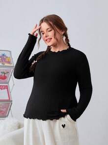 SHEIN EZwear 加大碼純色荷葉邊長袖t恤 - 彩色 - 查看 3