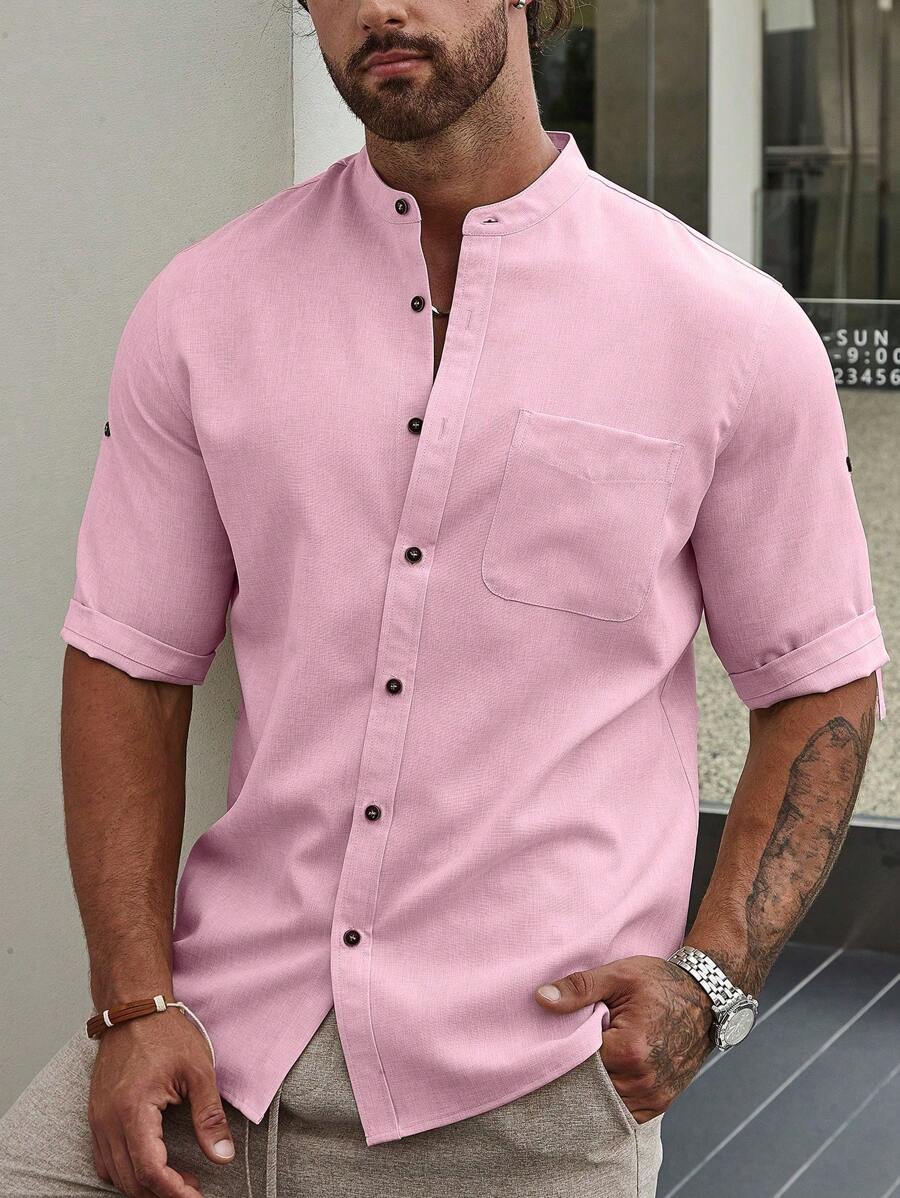 Manfinity Homme Loose Fit Men's Solid Color Short Sleeve Plain Shirt - Baby Pink - View 1