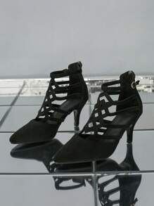 Fall/Winter Fashionable Pointed Toe Sexy Low-Cut Black Hollow Out Versatile Back Zipper Stiletto High Heel Shoes,Elegant,Party - Black - View 6