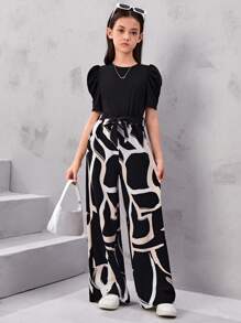 SHEIN Combinaison Ample À Jambes Larges À Manches Courtes Casual Ajustée Pour Fille Pré-adolescente, Patchwork À Motif Géométrique