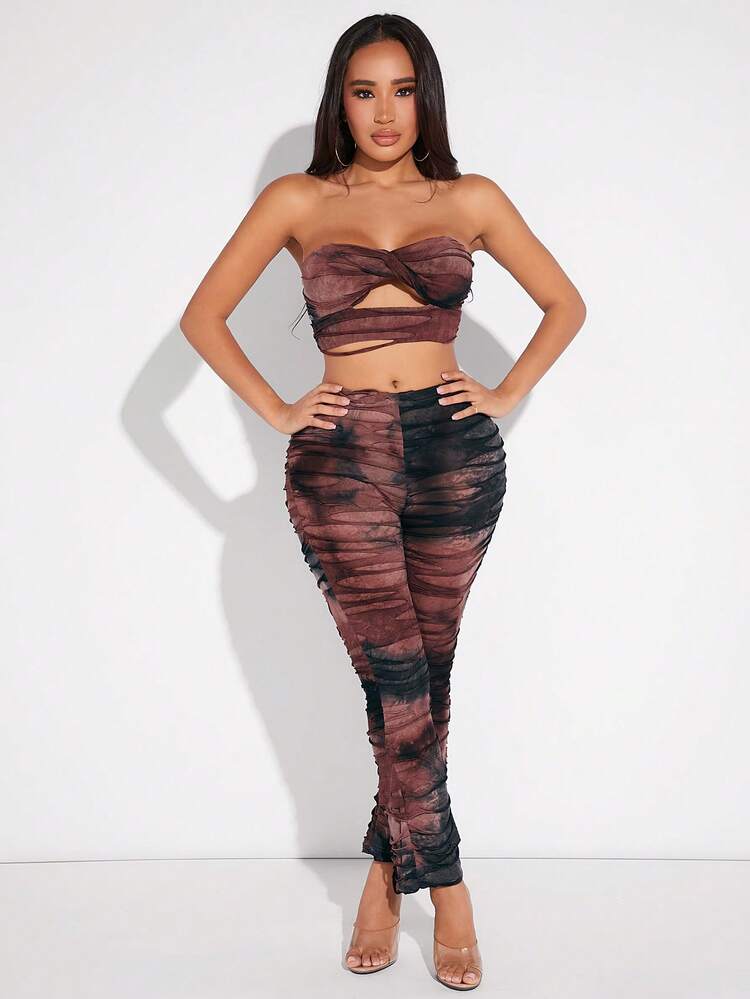 Women's Tie-Dye Hollowed Out Strapless Crop Top And Long Pants Two Piece Set