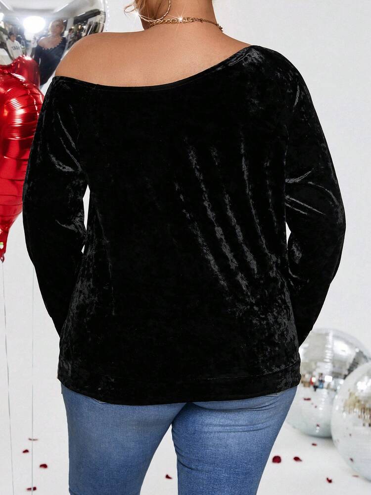 Plus Size Faux Pearl Decorated Velvet Sweatshirt Pullover Fall Sweatshirt