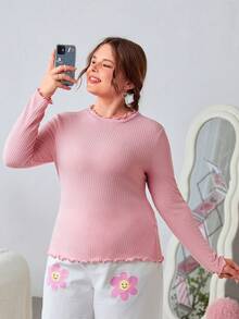 SHEIN EZwear 加大碼純色荷葉邊長袖t恤 - 彩色 - 查看 12