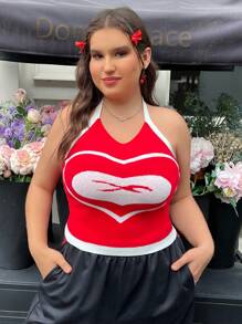 SHEIN EZwear מידות גדולות מחולק לצבעים הדפס לבבות סוודר סריג - אדום ולבן - ראה 3