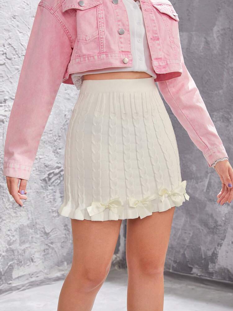 Teen Girls' Ribbon Bowknot Decor Knitted Skirt With Sweet College Style, All-match