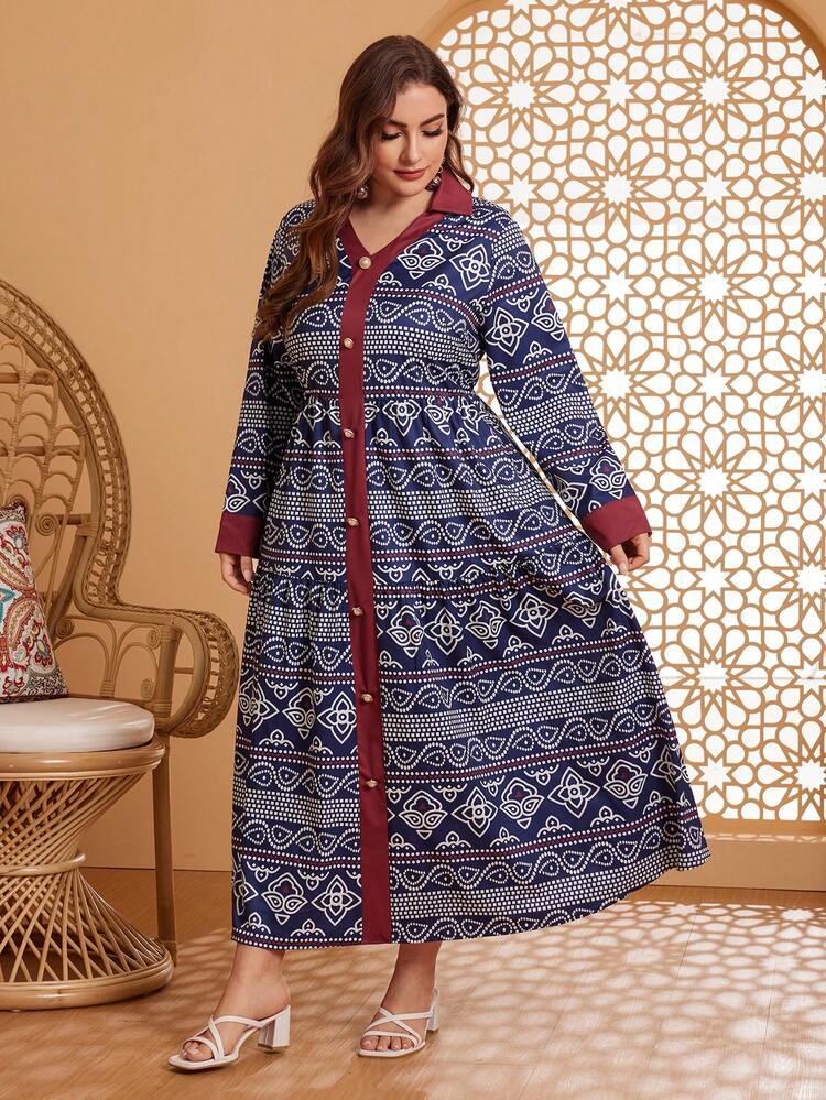 Women'S Plus Size Full Print Contrast Color Roll Edge Button Detail Fashion Dress