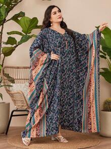 Al Najma Vestido De Talla Grande De Manga Murciélago Con Estampado Floral Para Mujer - Azul - Ver 1